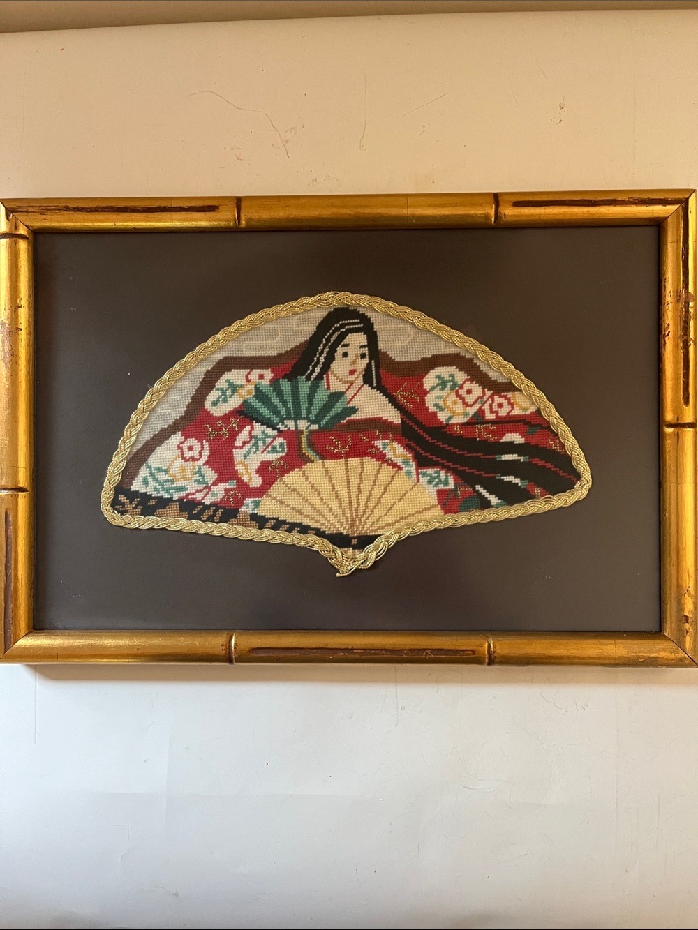 Vintage framed needlepoint -Japanese style fan design